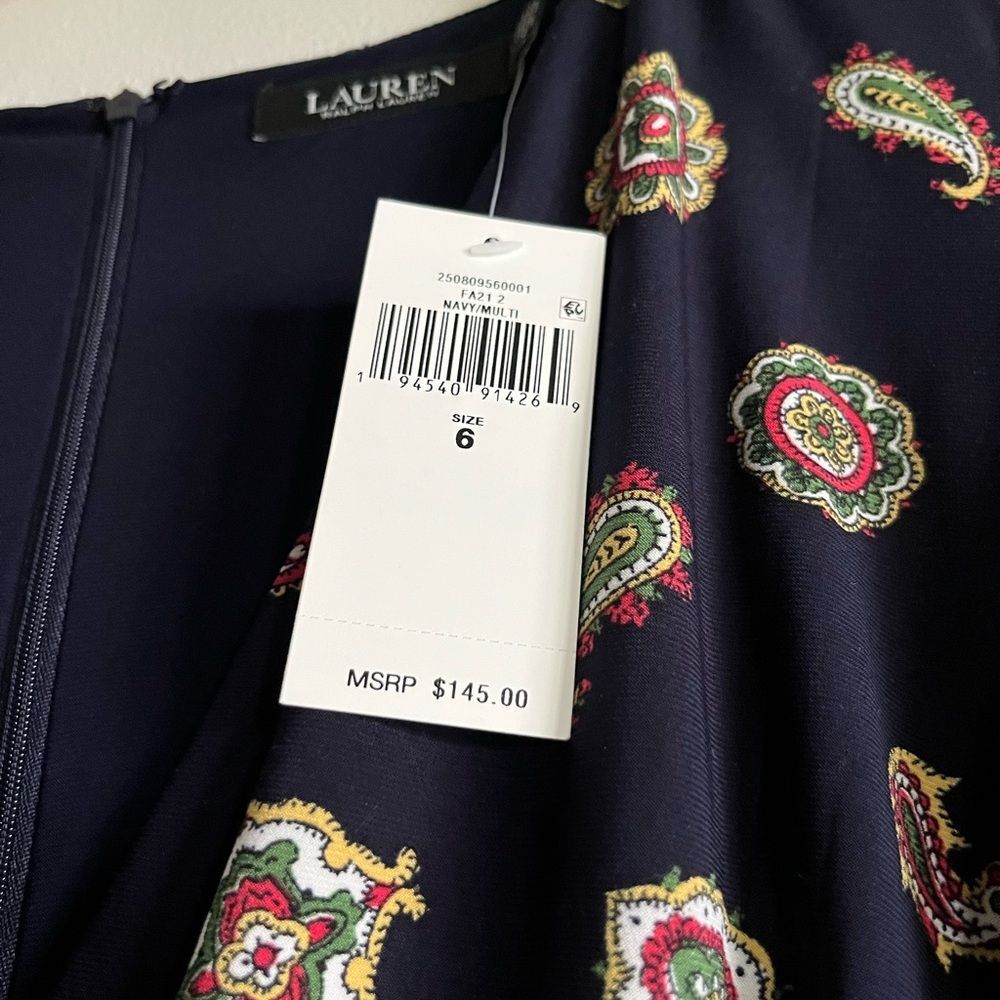 Lauren Ralph Lauren Navy Paisley Midi Dress Size 6 NWT Faux Wrap Stretch Knit - Picture 5 of 11